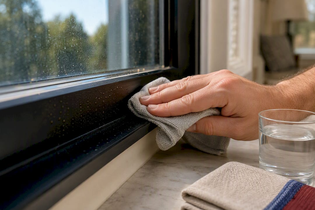 Hand wiping residue from black window frame