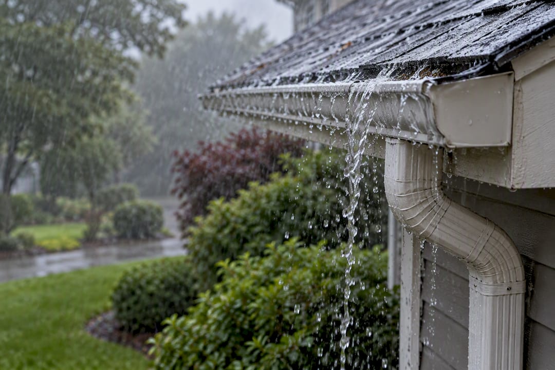 Rainwater spilling over residential gutter edge