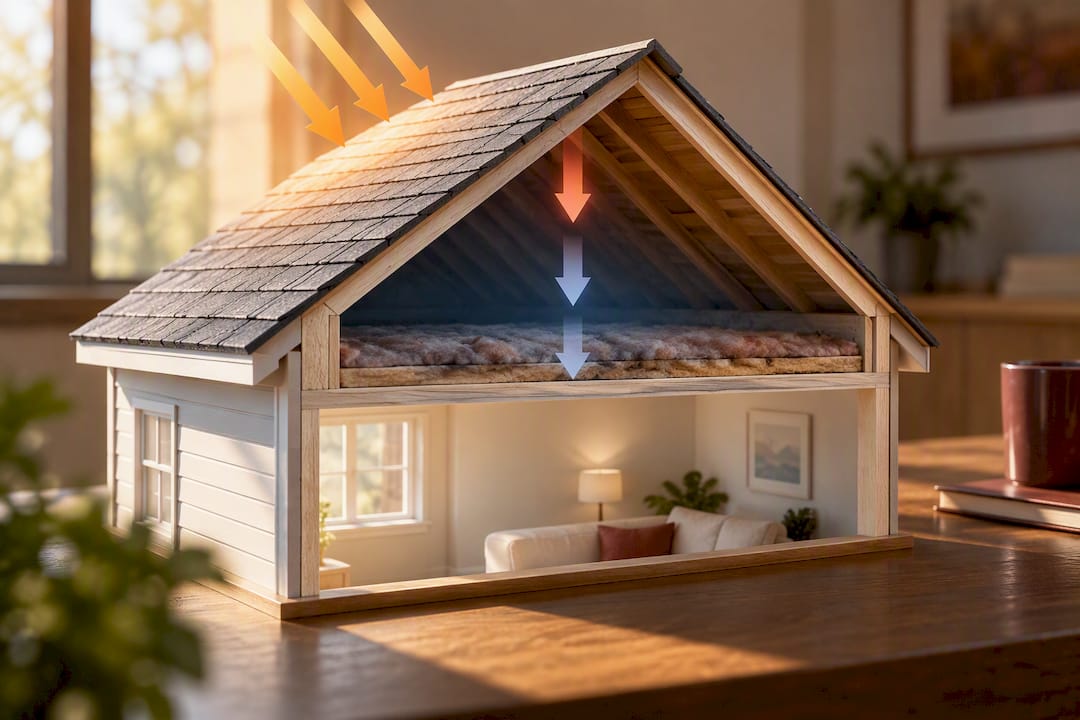 Illustration showing a cooler roof reducing indoor heat