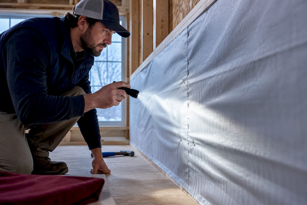 Flashlight revealing wrinkles in house wrap