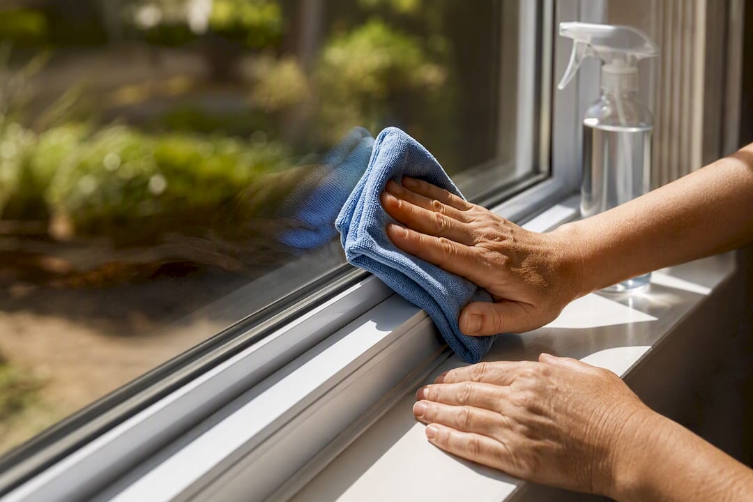 Hands cleaning an exposed low-e glass surface